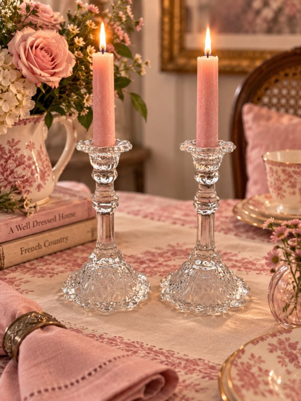 Vintage Clear Pressed Glass Candlestick Holders Pair 7” Elegant Floral Bas